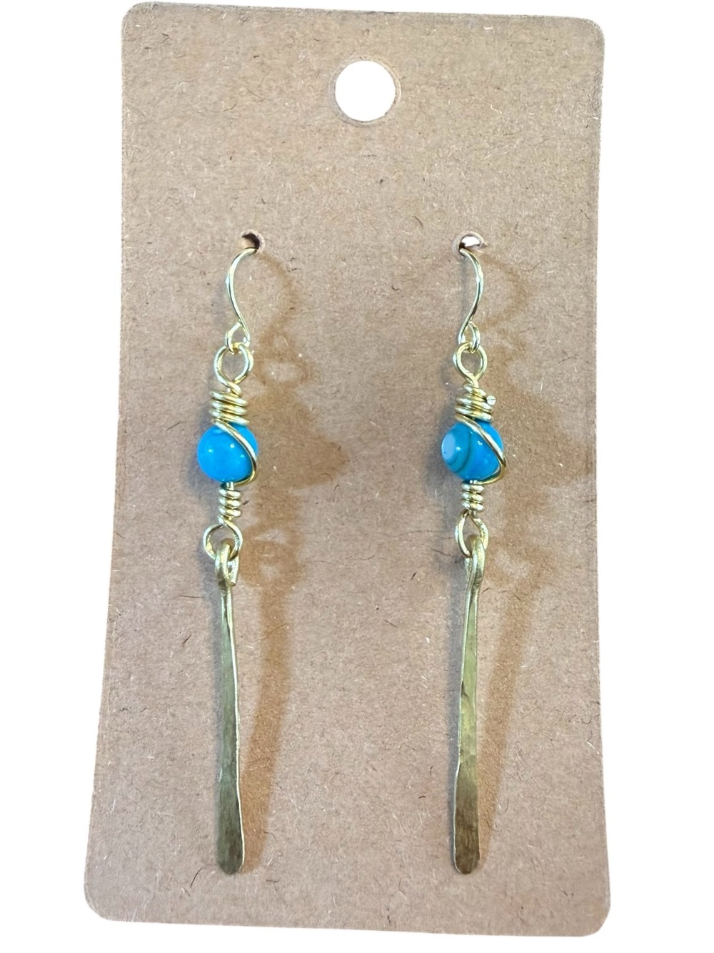 Brass Hammered Boho Drop Earrings Blue Natural Shell Beads 14kGold Hooks Jewelry